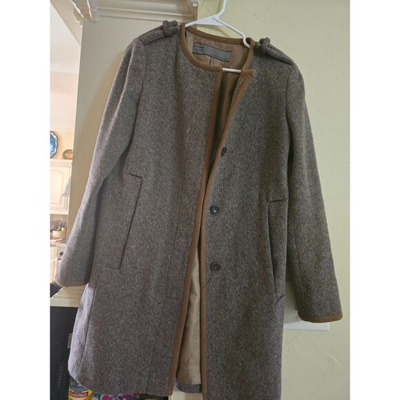 Zara Basics 70% Wool Lined Coat WM SZ M Tweed Brown Pockets Morocco Longer Coat - Picture 1 of 11